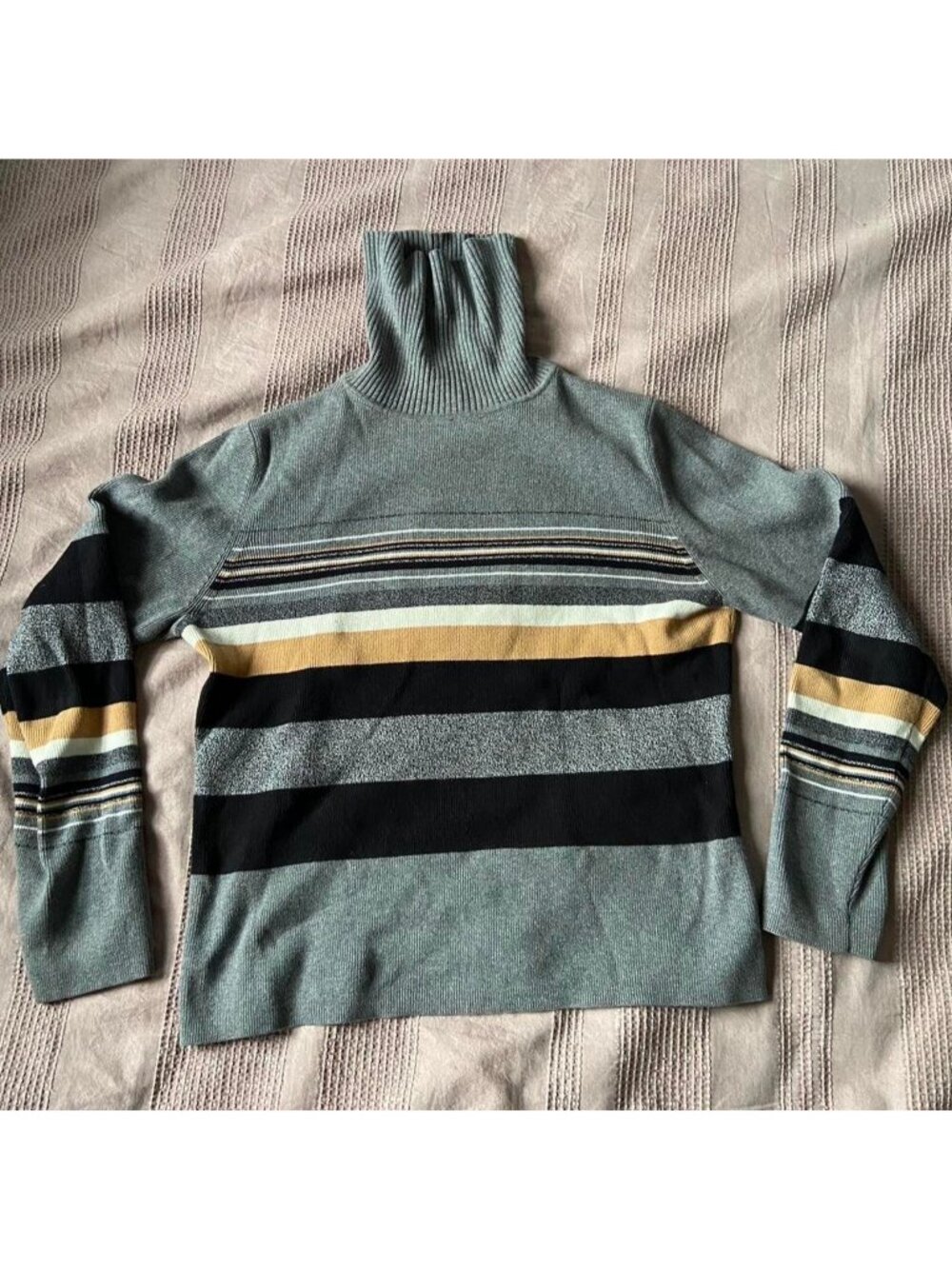 Vintage grey black white and tan neutral striped turtleneck jumper